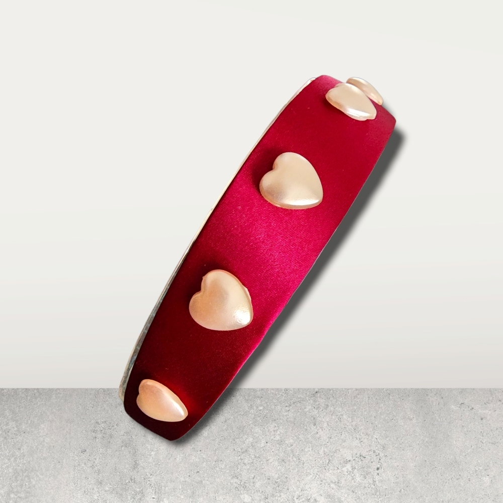 Just-Jen Satin Red Wine Headband with Pearl White Hearts. NWT